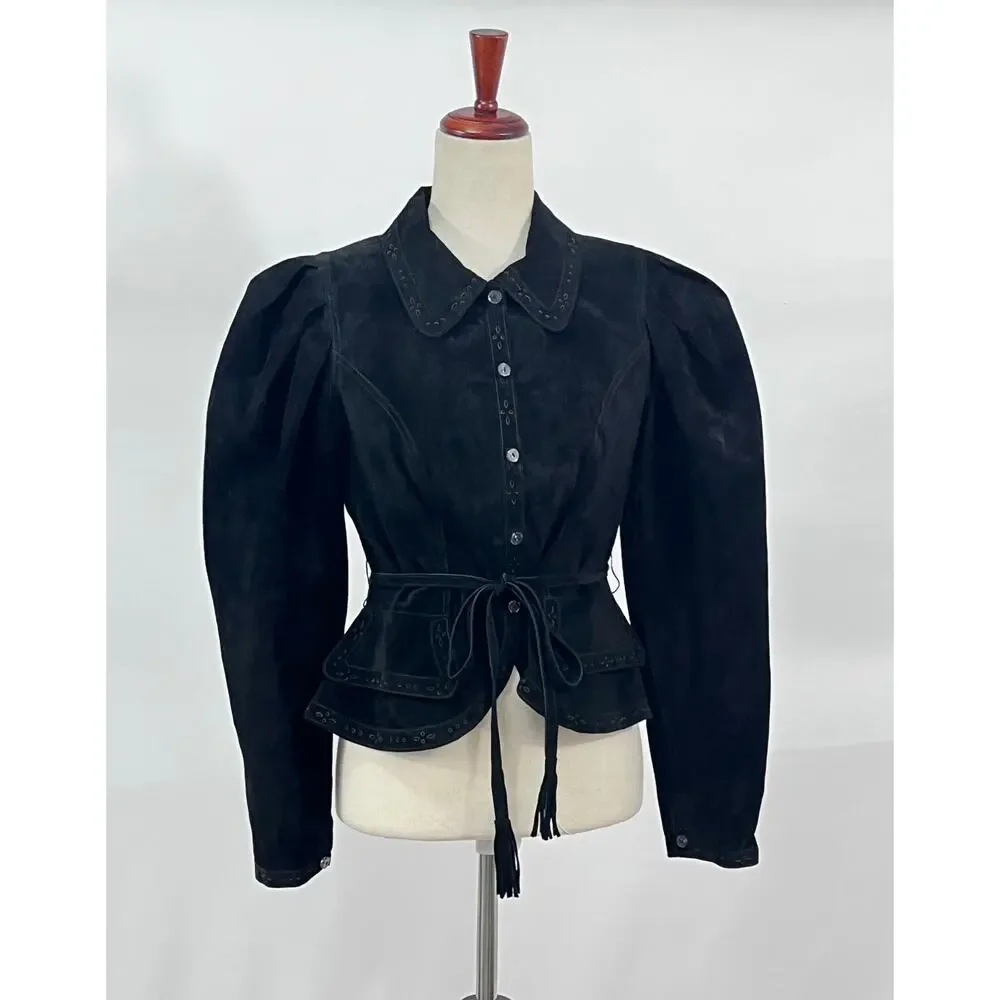 HUNTER BELL Sz 6 Murphey Suede Jacket Puff Sleeve Noir NWT